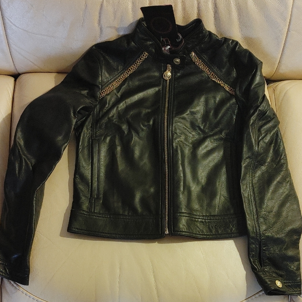 Versace Kids Black Leather Biker Jacket With Gold Accents MADE IN ITALY